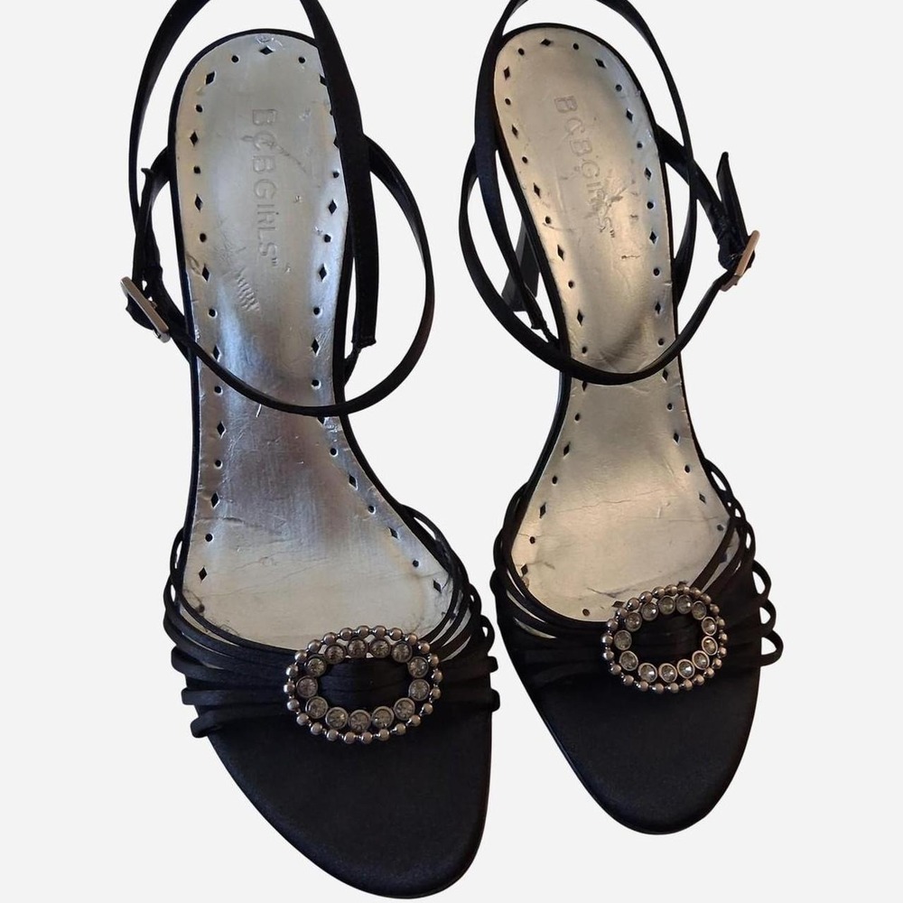 Womens BCB Girls black satin heels with rhinestone buckle detail 7.5B